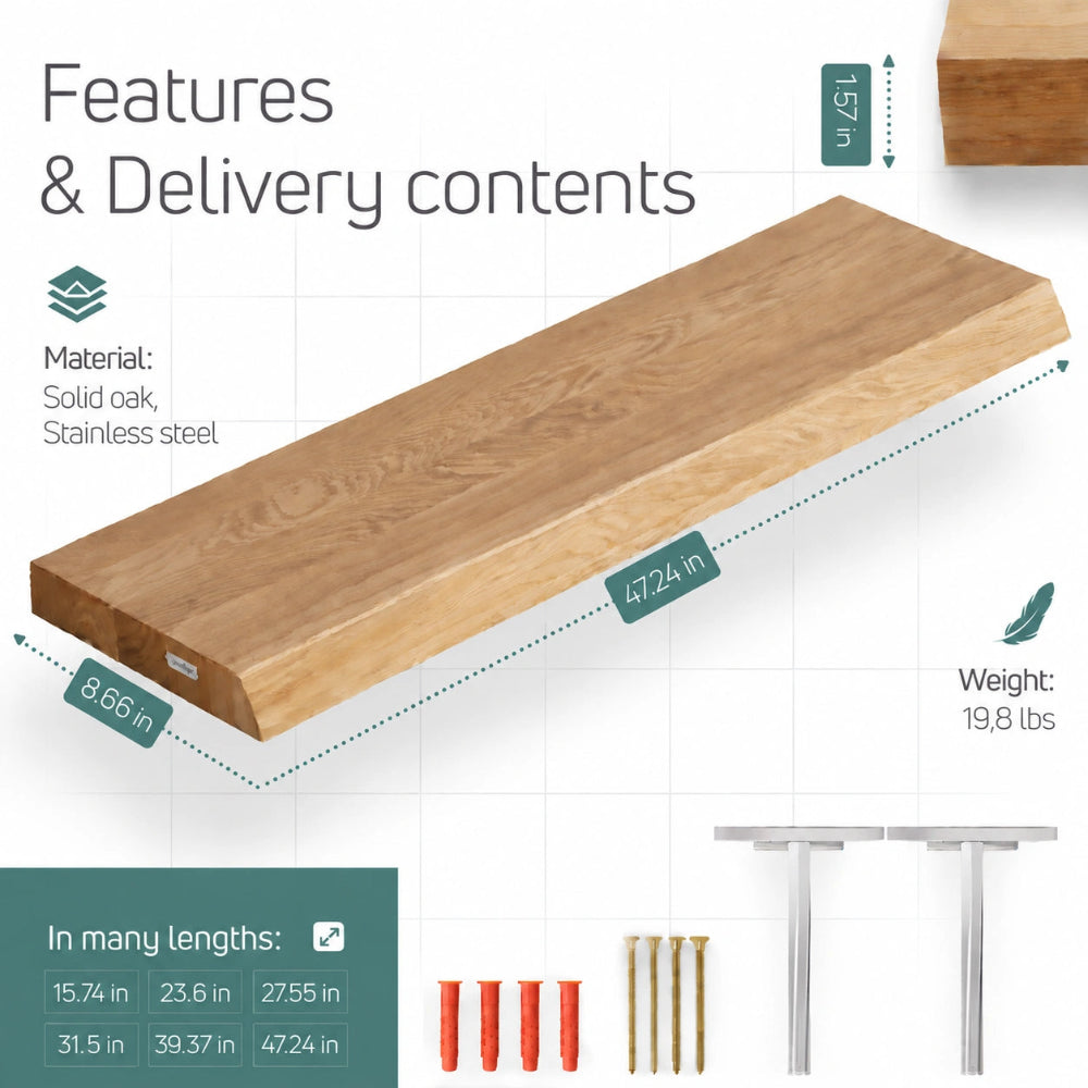 Solid Oak Wall Shelf - natural edges 47.24 x 8.66 x 1.57 in