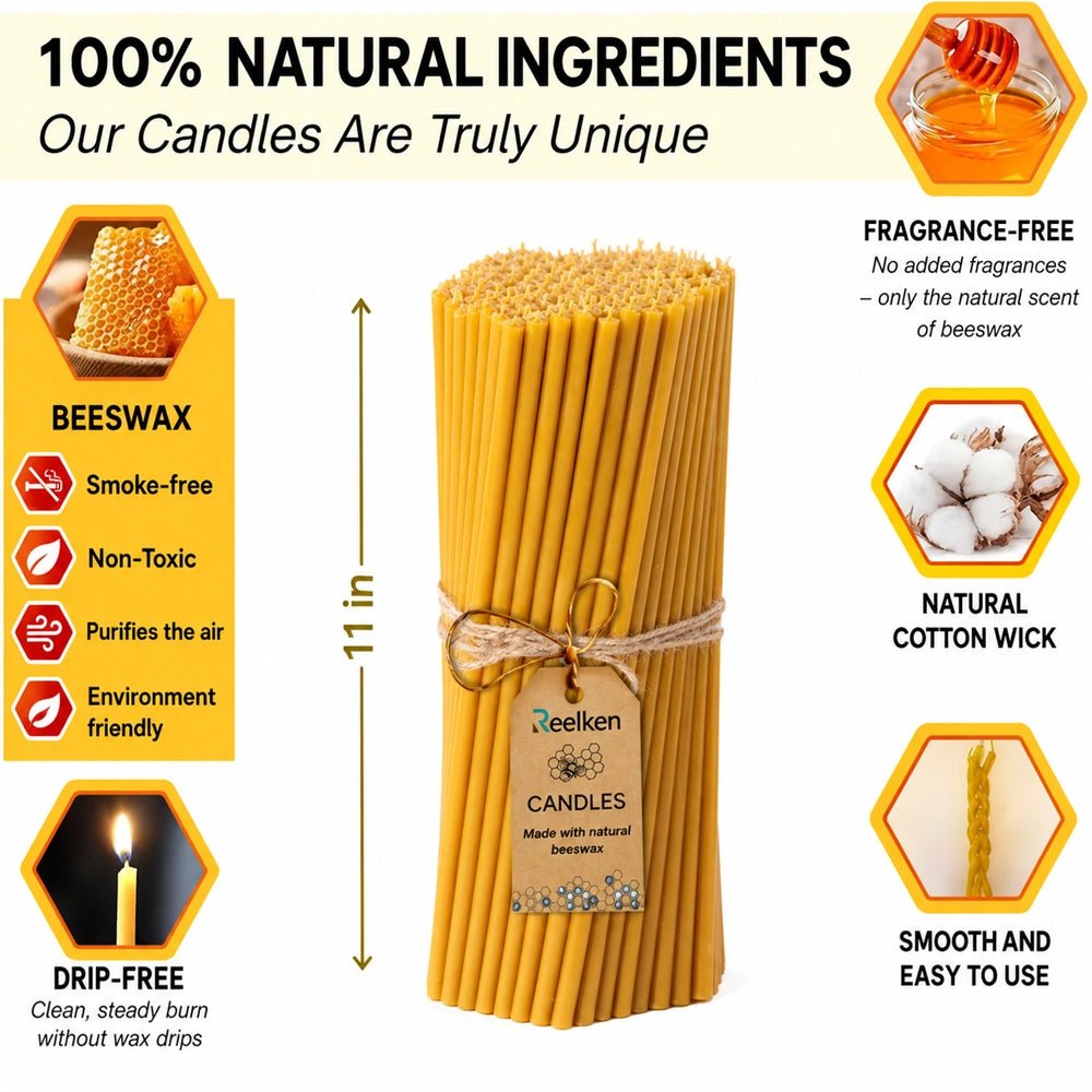 Natural Beeswax Candles -11x0.37 in - Reelken US