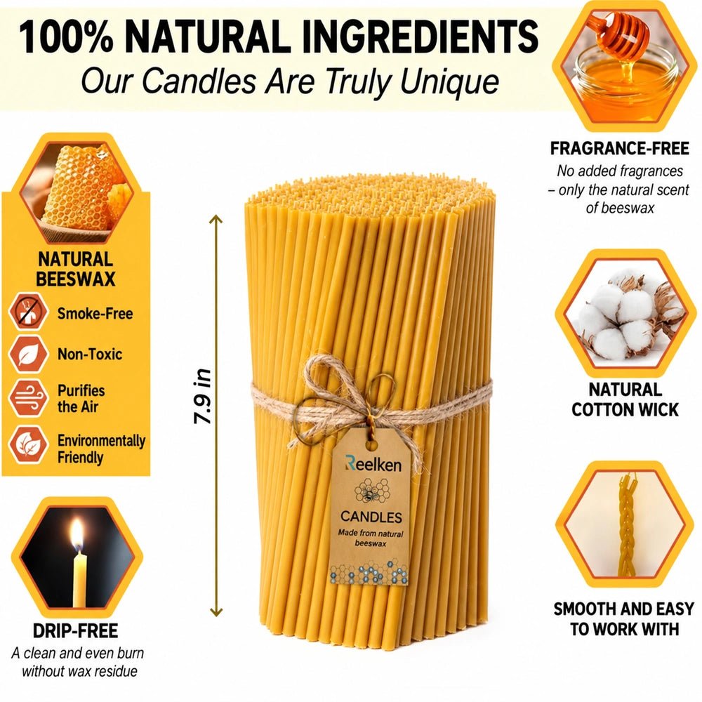 Natural Beeswax Candles - 7.9x0.25 in - Reelken US