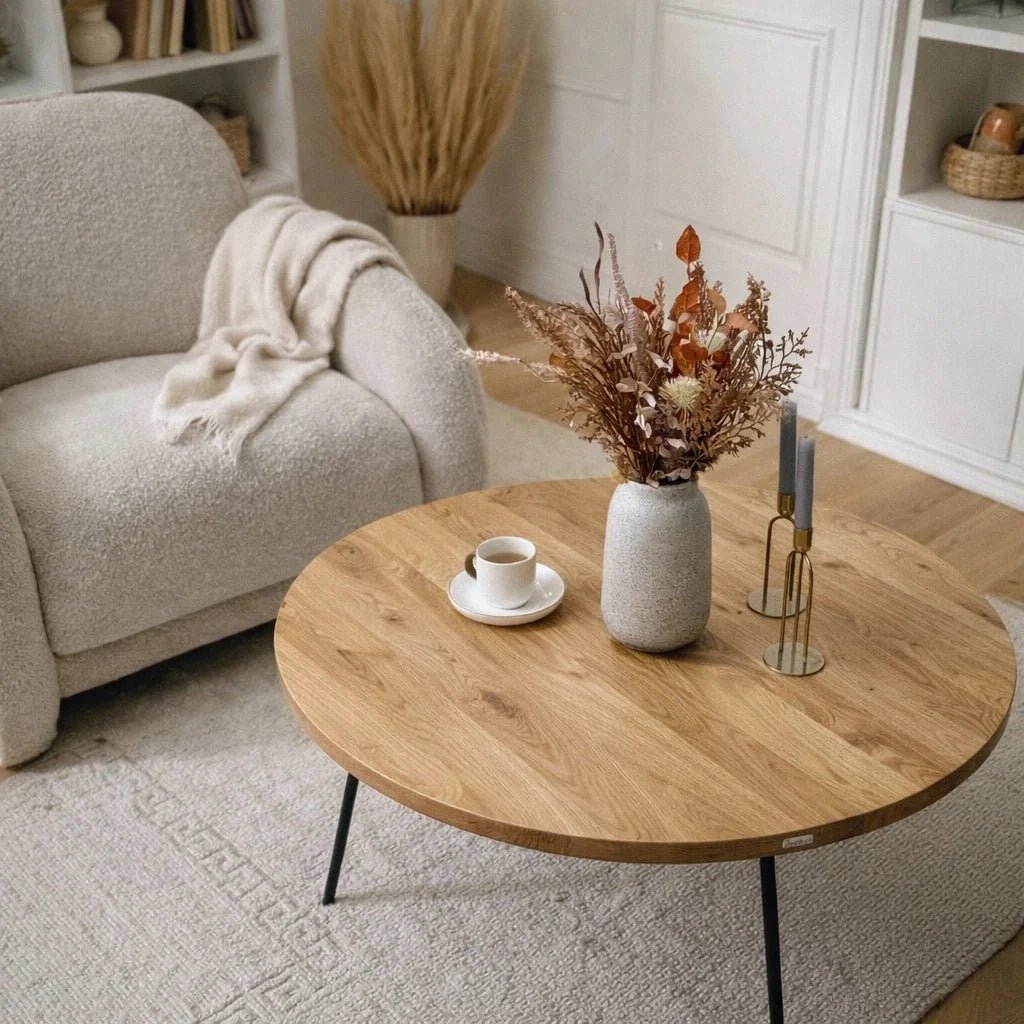 Round Solid Oak Coffee Table, 35 inch Diameter – Elegant, Spacious, Ready to Assemble - Reelken US