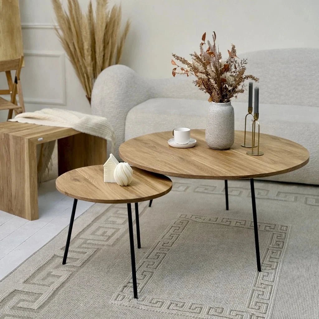 Set of 2 Round Solid Oak Coffee Tables – 19 in and 35 in – Modern Design, Durable, Quick Assembly - Reelken US