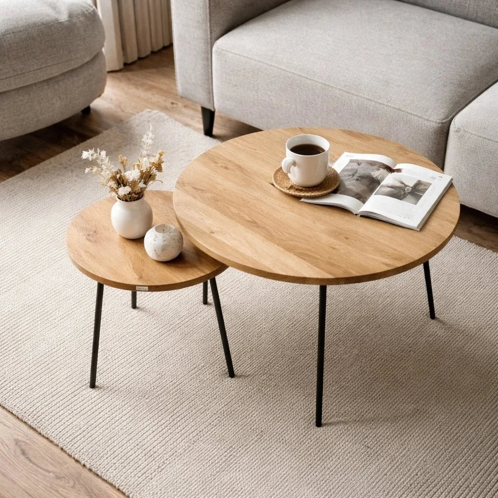 Set of 2 Round Solid Oak Coffee Tables – 19 in and 35 in – Modern Design, Durable, Quick Assembly - Reelken US