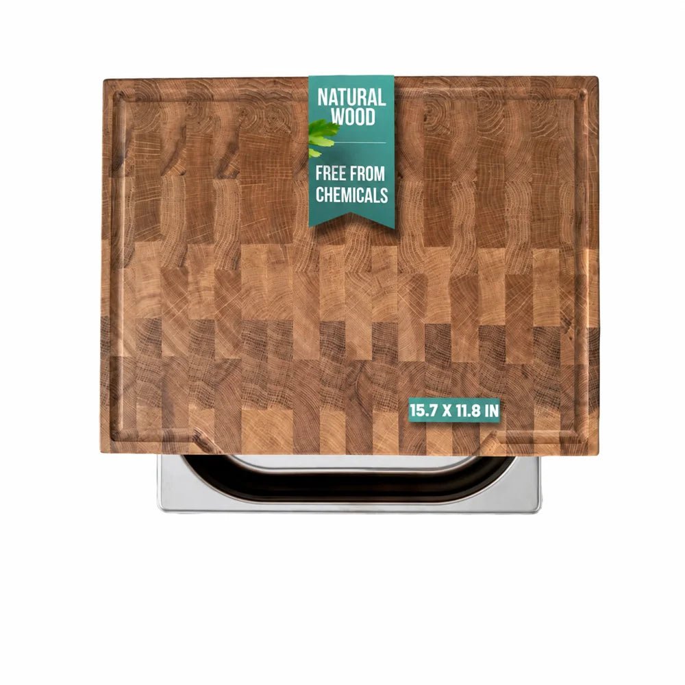 Solid oak cutting board with stainless steel tray - Reelken US