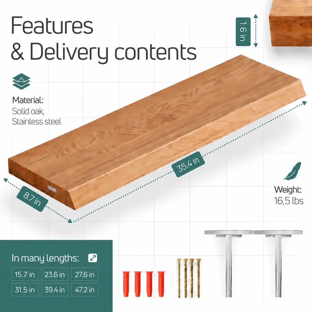 Solid Oak Wall Shelf - natural edges 35.4 x 8.7 x 1.6 in - Reelken US