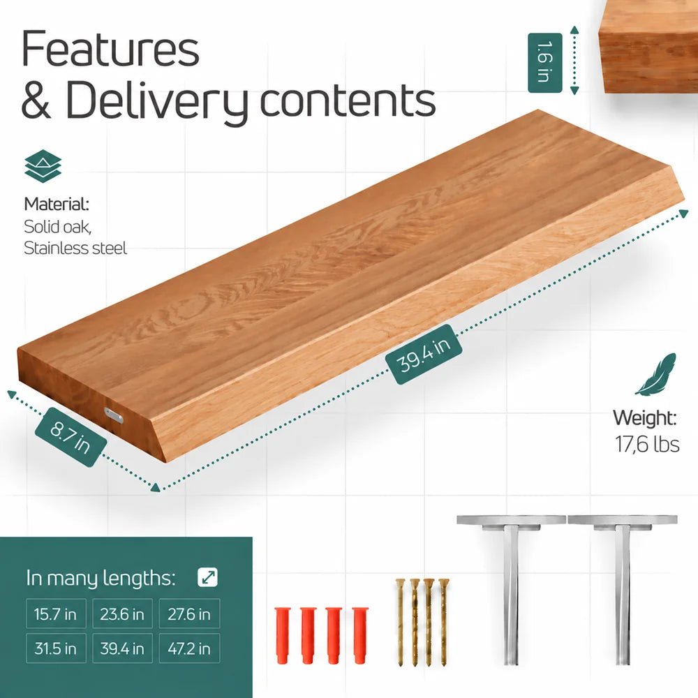 Solid Oak Wall Shelf - natural edges 39.4 x 8.7 x 1.6 in - Reelken US