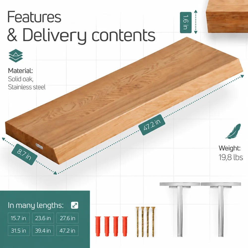 Solid Oak Wall Shelf - natural edges 47.2 x 8.7 x 1.6 in - Reelken US