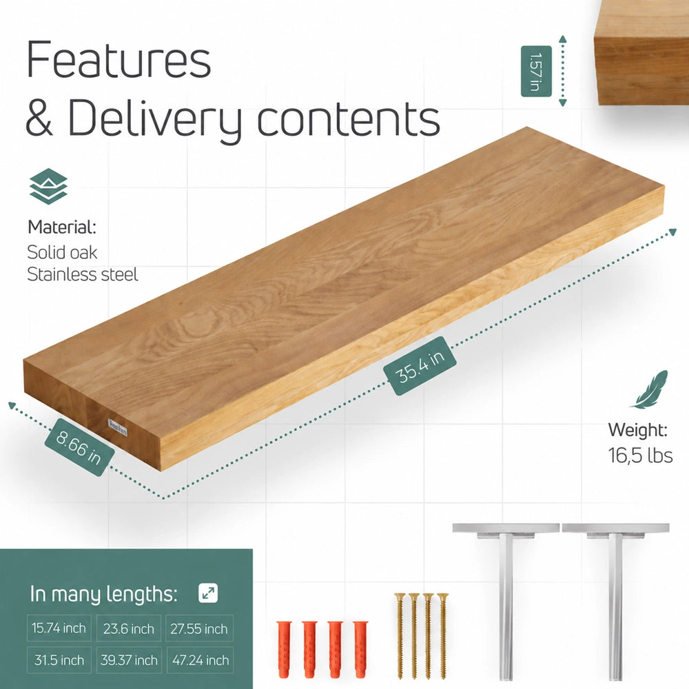 Solid Oak Wall Shelf - straight edges 35.4 x 8.66 x 1.57 in