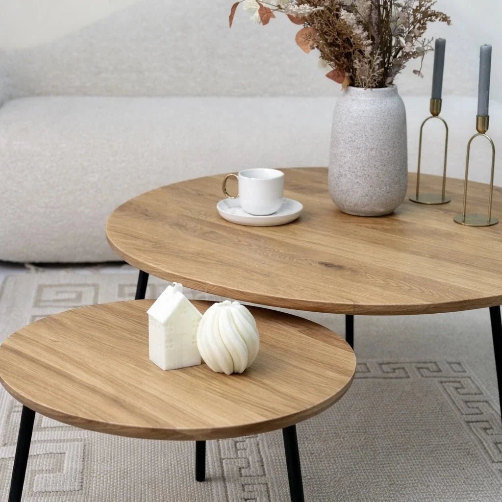 Set of 2 Round Solid Oak Coffee Tables – 19 in and 35 in – Modern Design, Durable, Quick Assembly - Reelken US