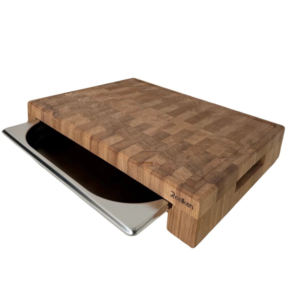 Solid oak cutting board with stainless steel tray - Reelken US