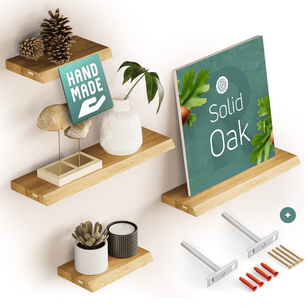 Solid Oak Wall Shelf - natural edges 15.7 x 8.7 x 1.6 in - Reelken US