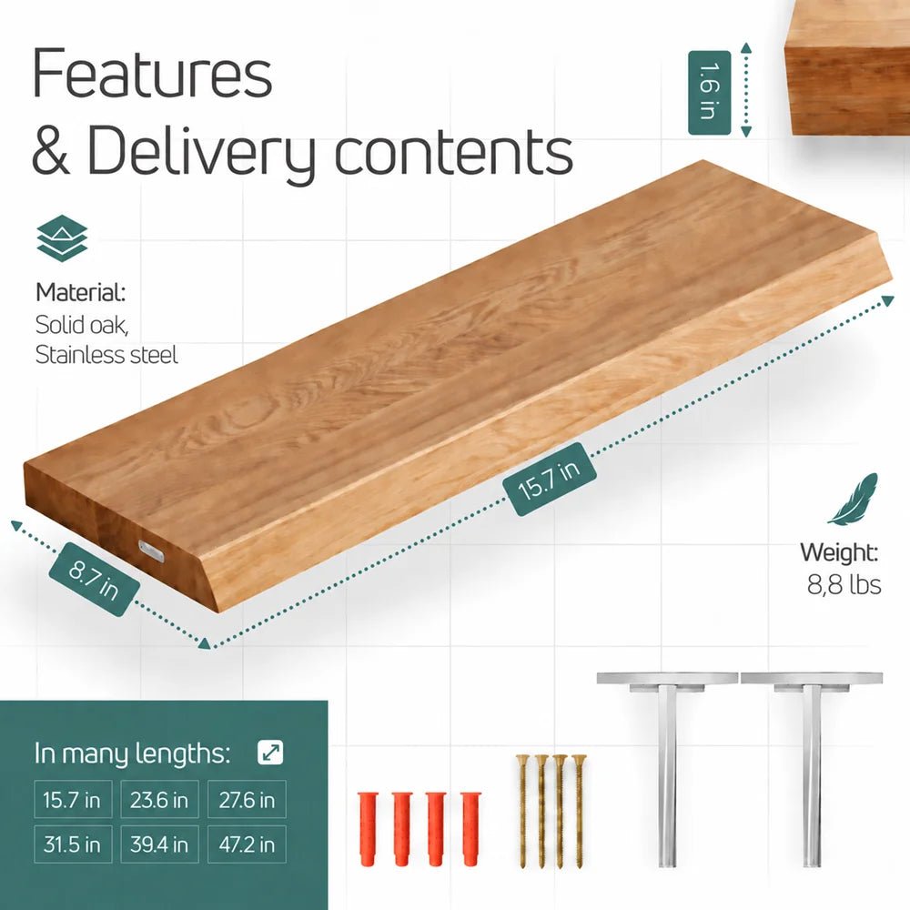Solid Oak Wall Shelf - natural edges 15.7 x 8.7 x 1.6 in - Reelken US
