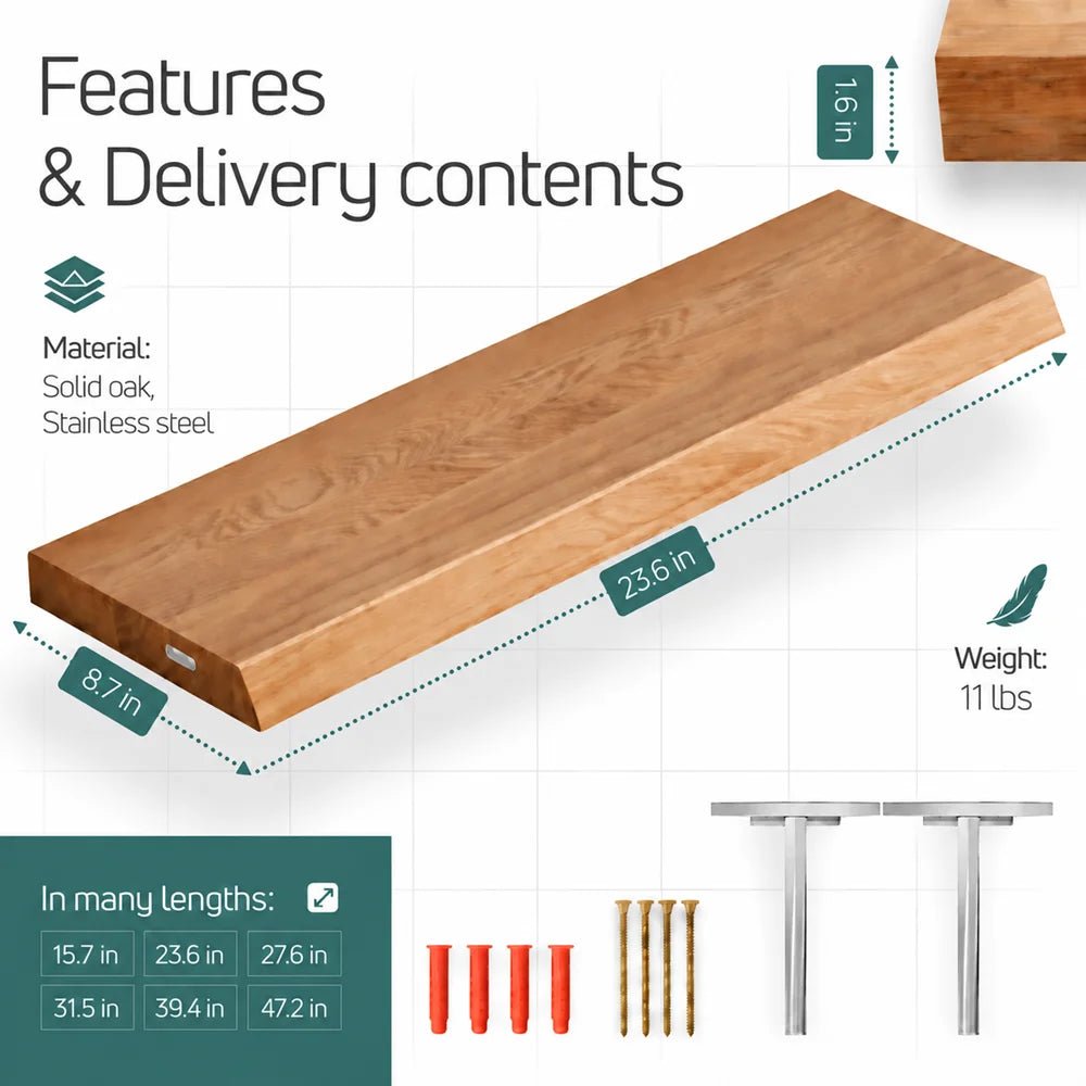 Solid Oak Wall Shelf - natural edges 23.6 x 8.7 x 1.6 in - Reelken US