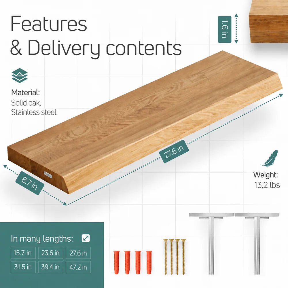 Solid Oak Wall Shelf - natural edges 27.6 x 8.7 x 1.6 in - Reelken US