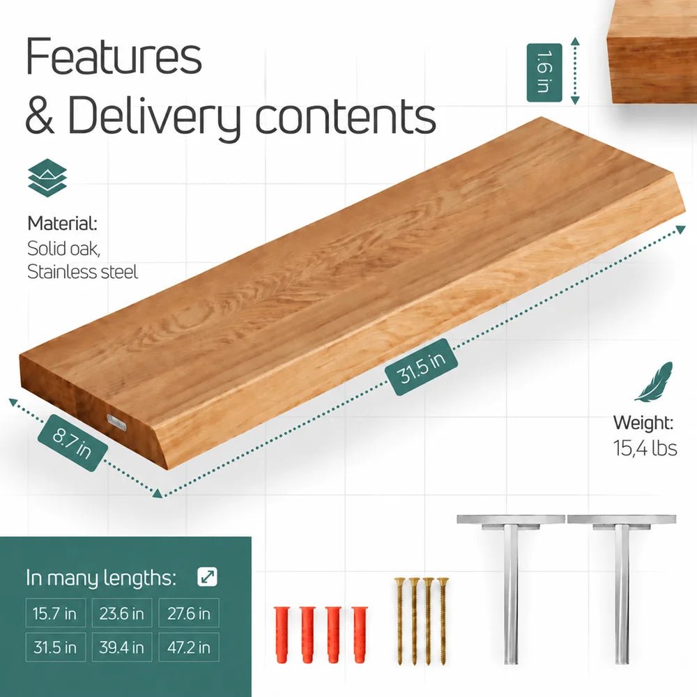 Solid Oak Wall Shelf - natural edges 31.5 x 8.7 x 1.6 in - Reelken US