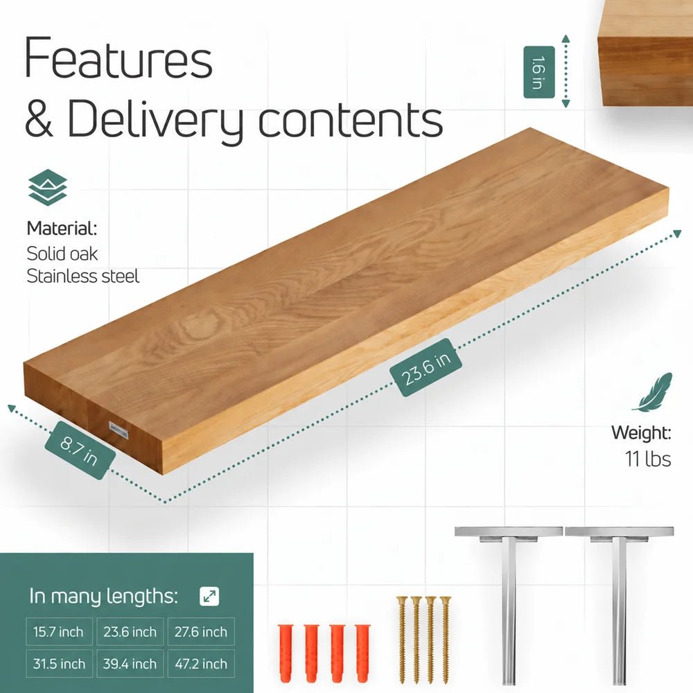 Solid Oak Wall Shelf - straight edges 23.6 x 8.7 x 1.6 in - Reelken US