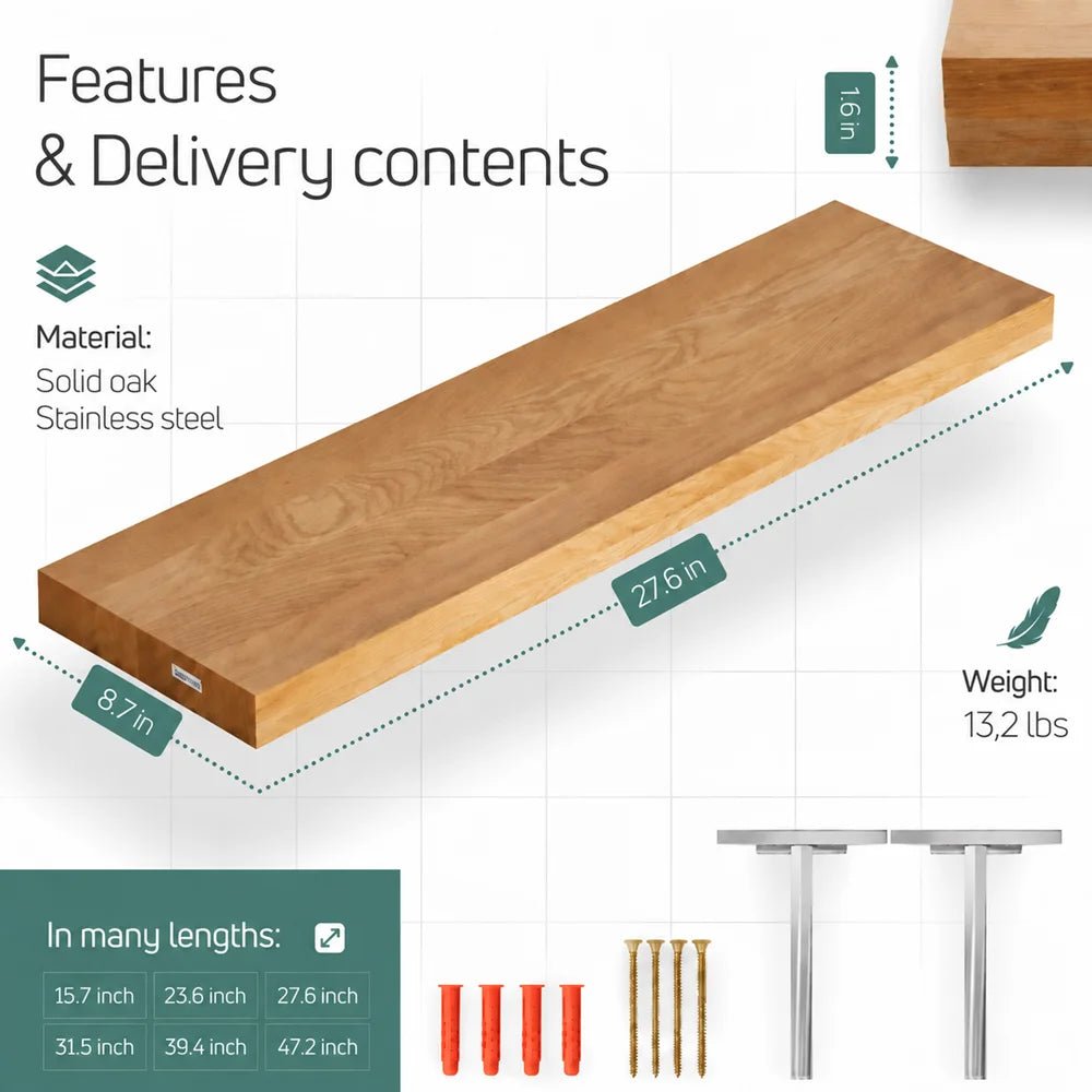 Solid Oak Wall Shelf - straight edges 27.6 x 8.7 x 1.6 in - Reelken US