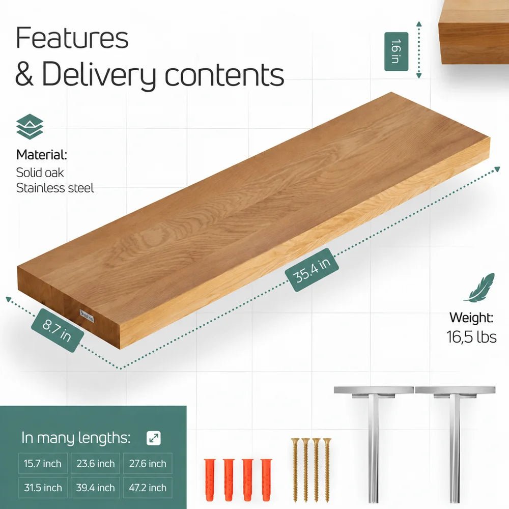 Solid Oak Wall Shelf - straight edges 35.4 x 8.7 x 1.6 in - Reelken US