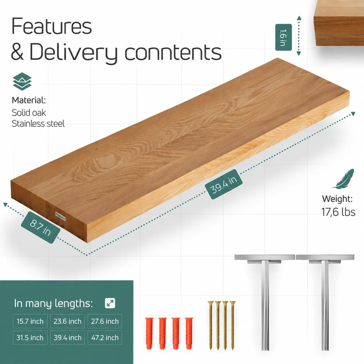 Solid Oak Wall Shelf - straight edges 39.4 x 8.7 x 1.6 in - Reelken US