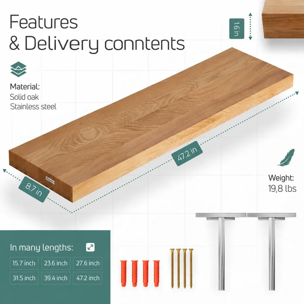 Solid Oak Wall Shelf - straight edges 47.2 x 8.7 x 1.6 in - Reelken US